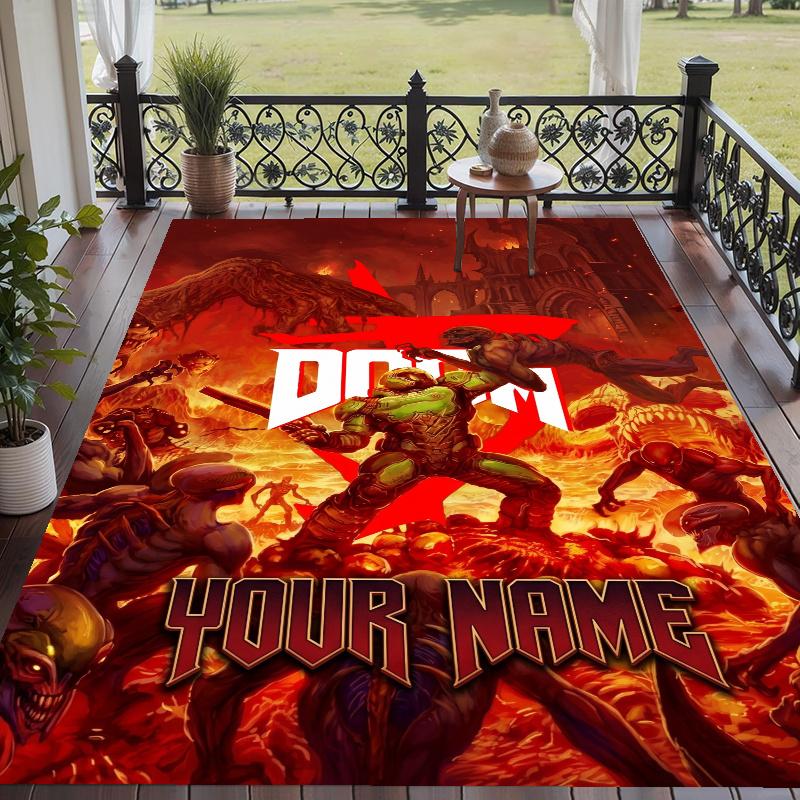 Custom Name DOOM Slayer Crystal Velvet Floor Rug Personalized Text Soft Carpet Home Decor