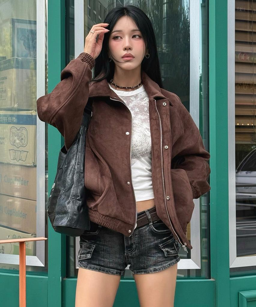 LADY VOLUME 60146 Oversized Suede Blouson Jumper (Brown)