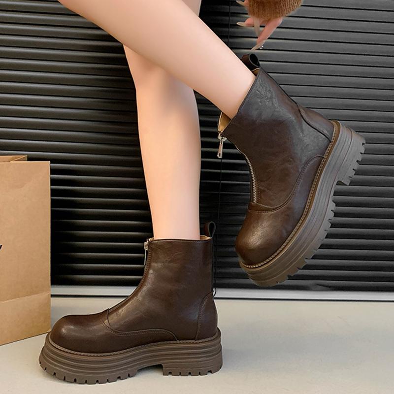 Winter Snow Ankle Boots for Women Platform Mid Heels Shoes Retro Leather Chunky Motorcycle Boots 2024 Trend Classic Zapatos Lady