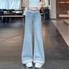 Кружево Кружево Сращивание Деним Микро-большие Длинные Брюки Женские Со шлейфом С высокой талией Свободные Большого размера Широкие Брюки-клеш Длинные Джинсовые Брюки