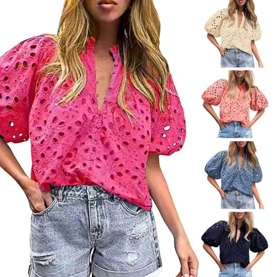 Женская рубашка с воротником-стойкой и V-образным вырезом, коротким рукавом, ажурным вышитым цветочным узором, кружевная блузка, повседневные нарядные топы