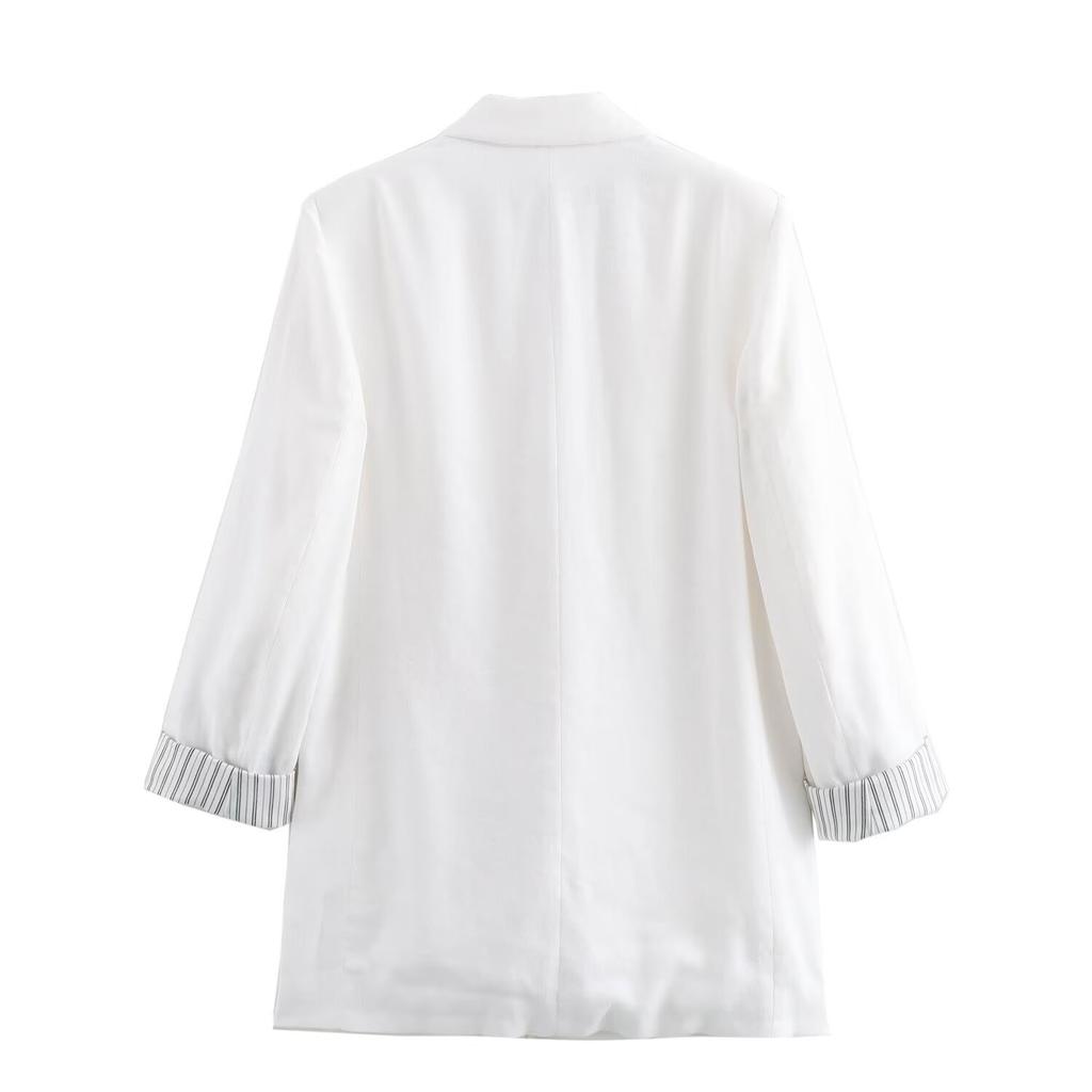 Женская мода однотонный льняной блейзер с зазубренным воротником и длинными закатанными рукавами, шикарные женские офисные деловые наряды