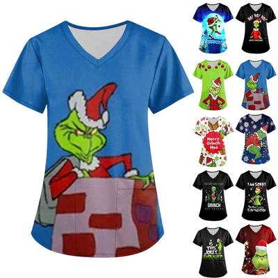 Женские модные топы с короткими рукавами и V-образным вырезом с принтом, рабочие футболки с карманами