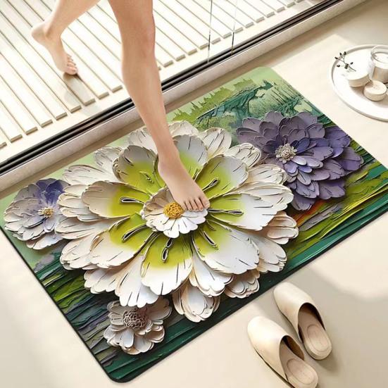 3D Floral Floor Mat Absorbent Diatomaceous Mud Rug Non-Slip Bathroom Entrance Carpet Quick Drying Mat for Living Room Kitchen