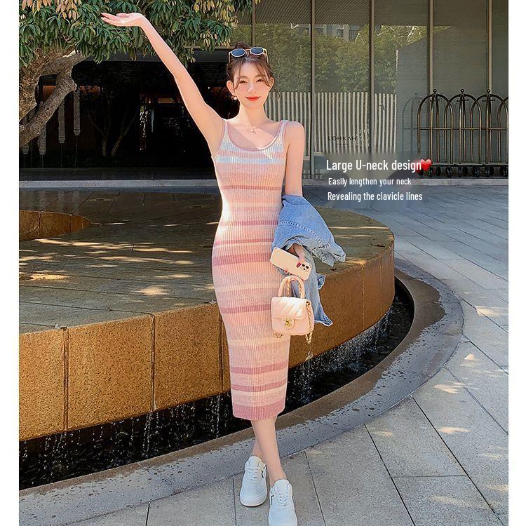 Women's Slim Fit Rainbow Stripe Knitted Spaghetti Strap Dress