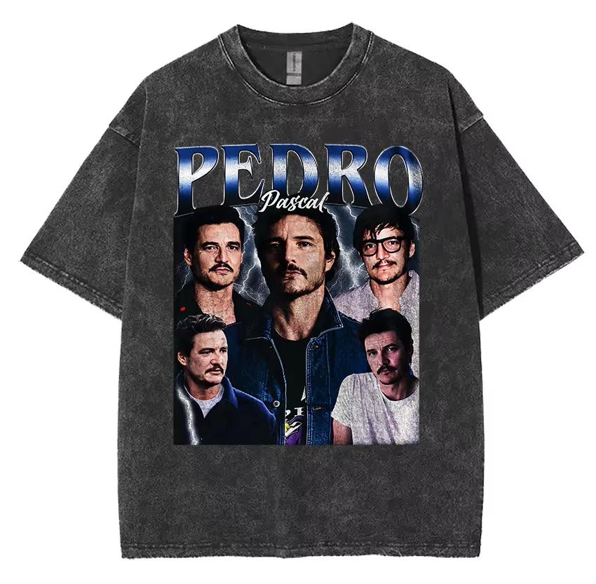 Limited Pedro Pascal Actor Washed Vintage T Shirt Men Women Casual Oversized T-shirt Fashion High Quality Cotton Tees Streetwear