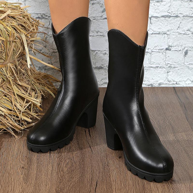 Классические толстые каблуки до середины голени женские сапоги из искусственной кожи на молнии большого размера женские повседневные черные туфли на высоком каблуке женские ботинки