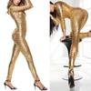 Women Mesh Hole Zipper Faux Patent Leather Tight Jumpsuit Nightclub Bodysuit
