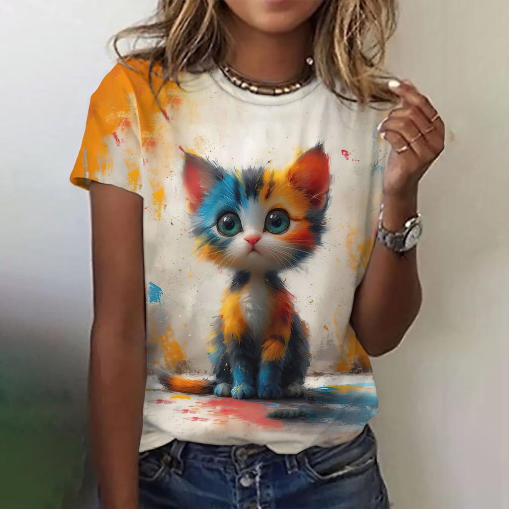 Женская модная футболка с круглым вырезом, летняя одежда, забавная повседневная футболка с коротким рукавом и принтом кота, модная свободная футболка, женская одежда