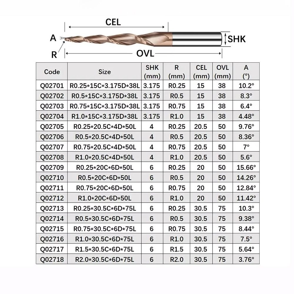 Spiral Tapered Ball Nose End Mill Solid Carbide Metal Milling CNC 3D Carving Bits Endmill