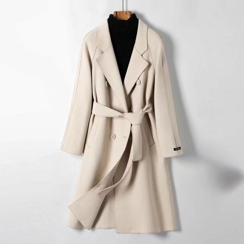 Теплое и модное однотонное шерстяное пальто для женщин с поясом на осень и зиму
