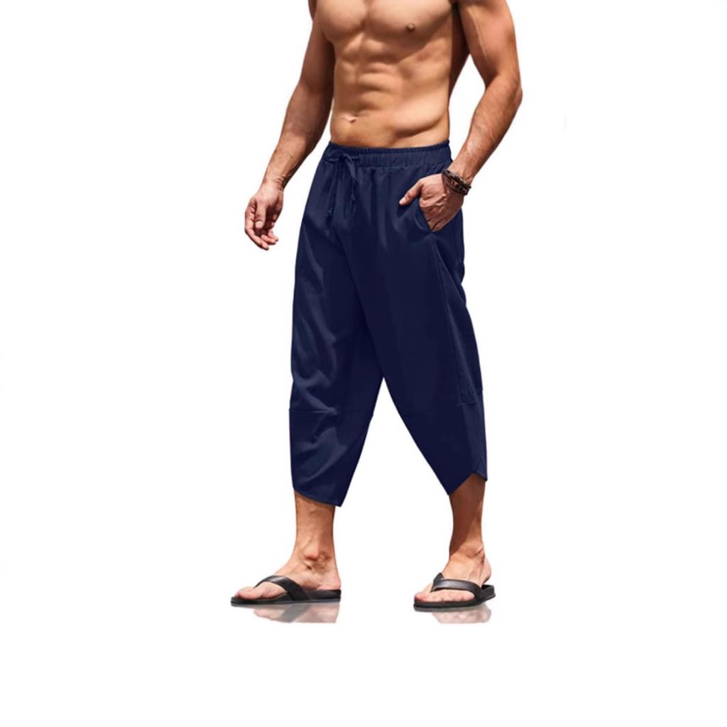 Мужские летние однотонные брюки-капри, шорты-шаровары, мужские укороченные брюки с эластичным поясом и шнурком, мешковатые спортивные штаны длиной 3/4