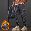 Winter Men's Fleece Jogging Pants Warm Thick Corduroy Cargo Trousers Fashion Korean Casual Harem Sweatpants Streetwear Black