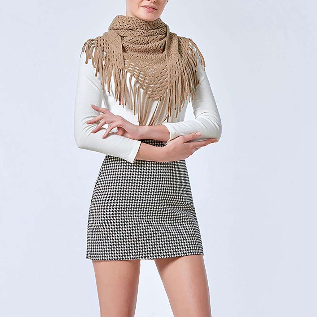 Women's Hollowed Knitted Triangular Scarf Imitation Cashmeres Soft Winter Shawl Wrap Neckerchief Blanket with Fringes