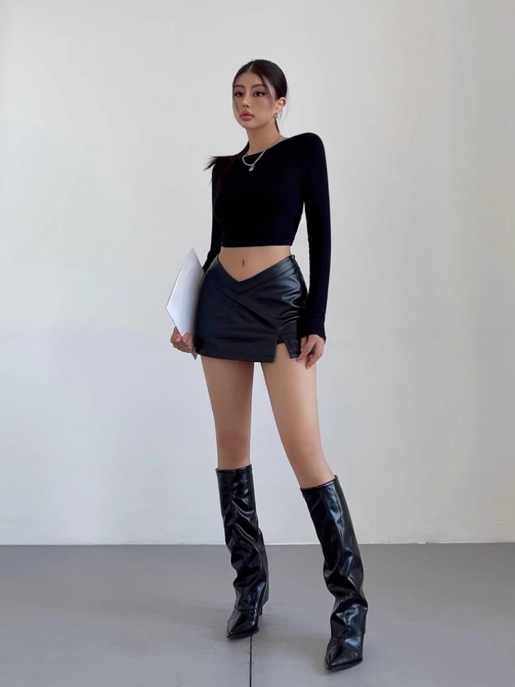 Silver PU Leather Skirt Women Y2k Sexy Slim Female Clothing Gothic V High Waist Slit Casual Short Skirts Streetwear