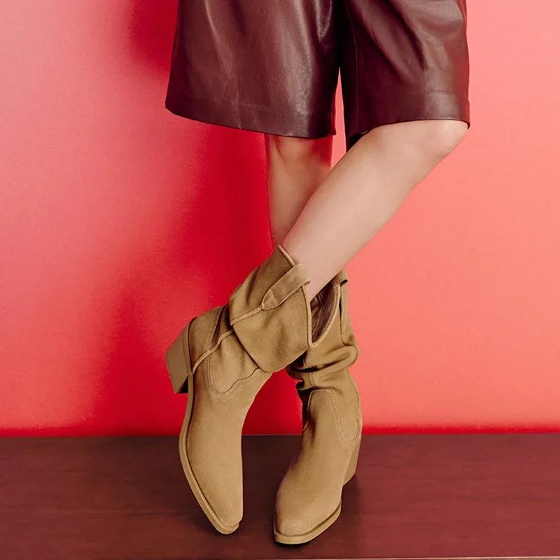 Vintage Pointed Toe Women Western Cowgirl Boots Fashion Slip On Shoes Autumn Winter Square Heel Ladies Mid Calf Booties