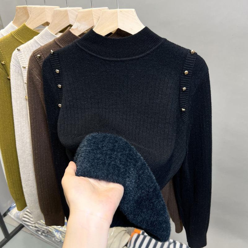 Женский осенне-зимний свитер плюс бархатная полуводолазка нижняя рубашка Единый утолщенный бархатный свитшот новый вязаный свитер верх