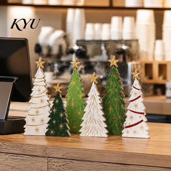 Hand Painted Holiday Table Decor 6Pcs Wooden Christmas Tree Tabletop Set, Rustic Star Topped Decorations Mini Figurines, Farmhouse Xmas Mantel