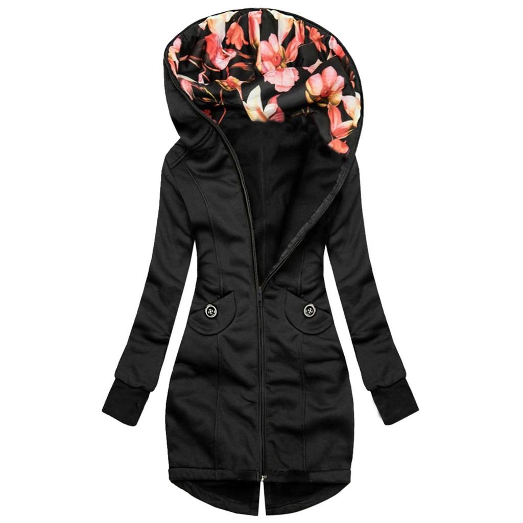 Women Fashion Floral Print Jacket Zipper Pocket Sweatshirt Long Sleeve Coat