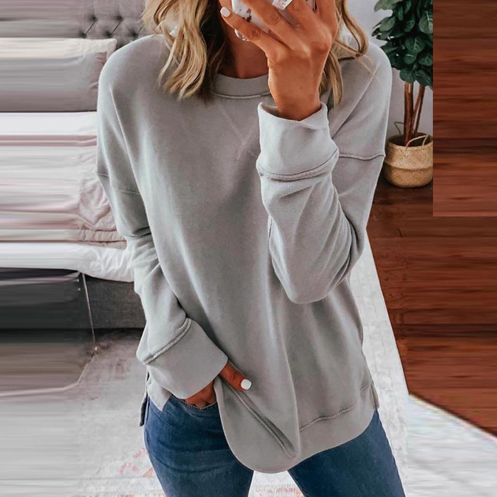 Woman's  Casual Fashion Long Sleeve Solid Color Round Collar Hoodie Tops