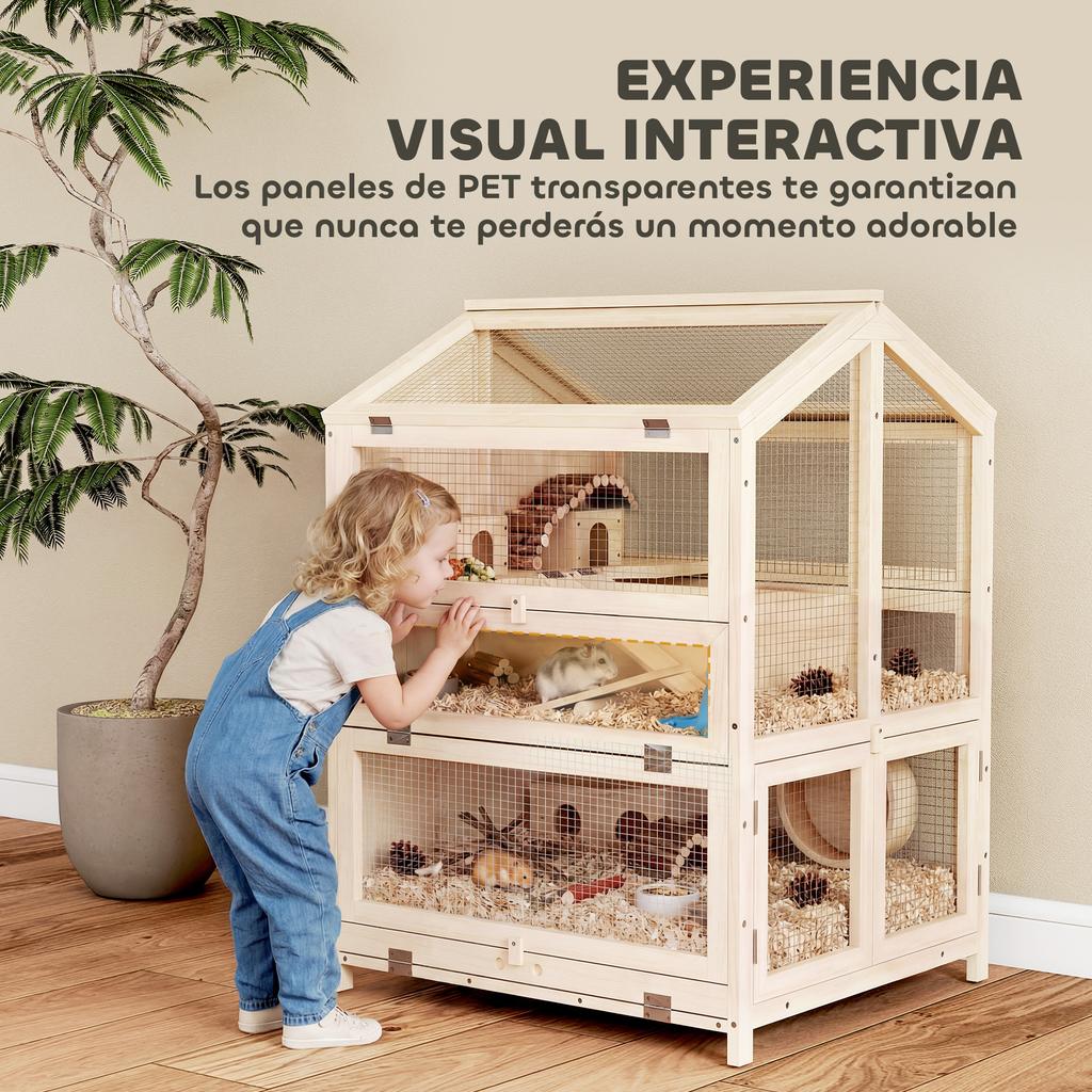 3-Level Wooden Hamster Cage with Water Bottles, Houses, Rocking Toys, Removable Tray and Hinged Lids - Natural