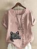 Женская Модная Повседневная Хлопково-льняная Футболка с Принтом Кошки, Короткий Рукав, Круглый Вырез, Рубашка, Повседневная Свободная Летняя Блузка, Топы