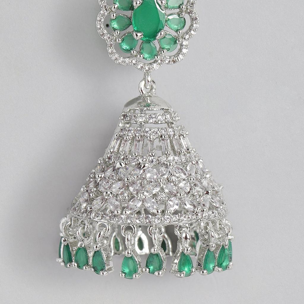 Дизайнерские серьги Jhumki Estele с родиевым покрытием и цирконами, цветком и зелеными камнями для женщин
