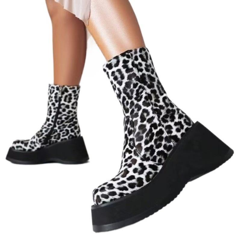 Women Leopard Platform Ankle Boots Fashion Wedges High Heels Shoes Winter 2025 Trend Designer New Pumps Goth Chelsea Botas Mujer