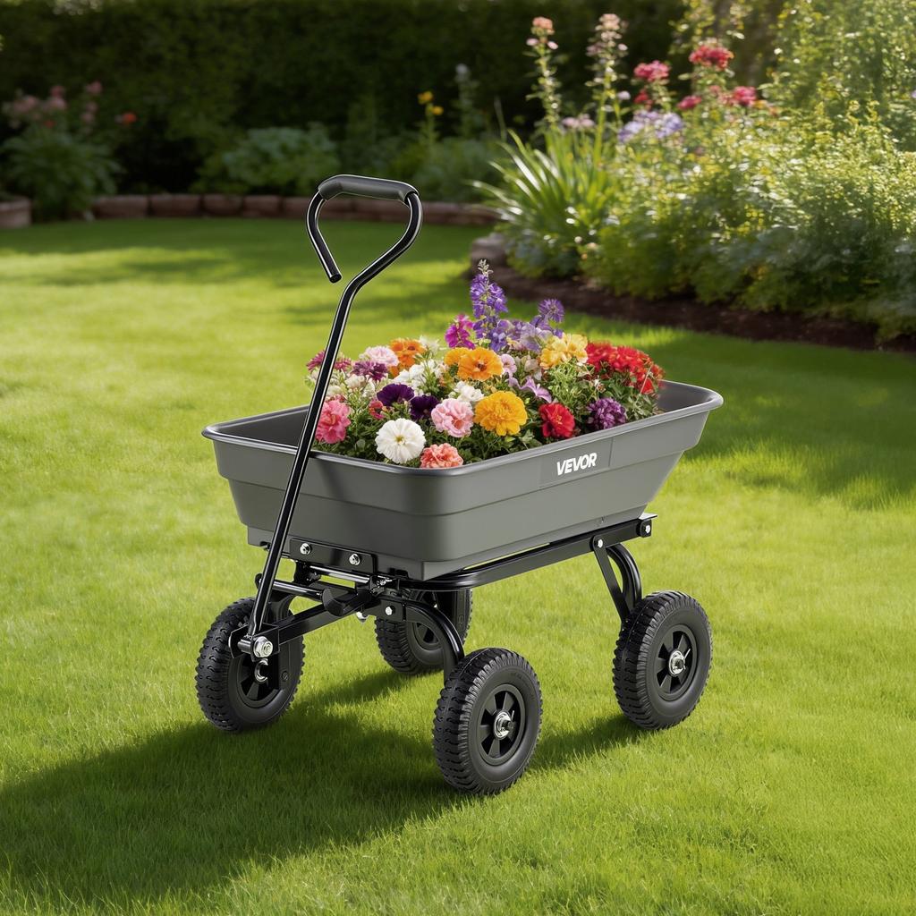 VEVOR Garden Dump Cart, 181 kg Poly Dump Cart, Garden Carts Dumps Wagon with 90 degrees Quick-Dumps Mechanism, 180 degrees Swivel Wheels