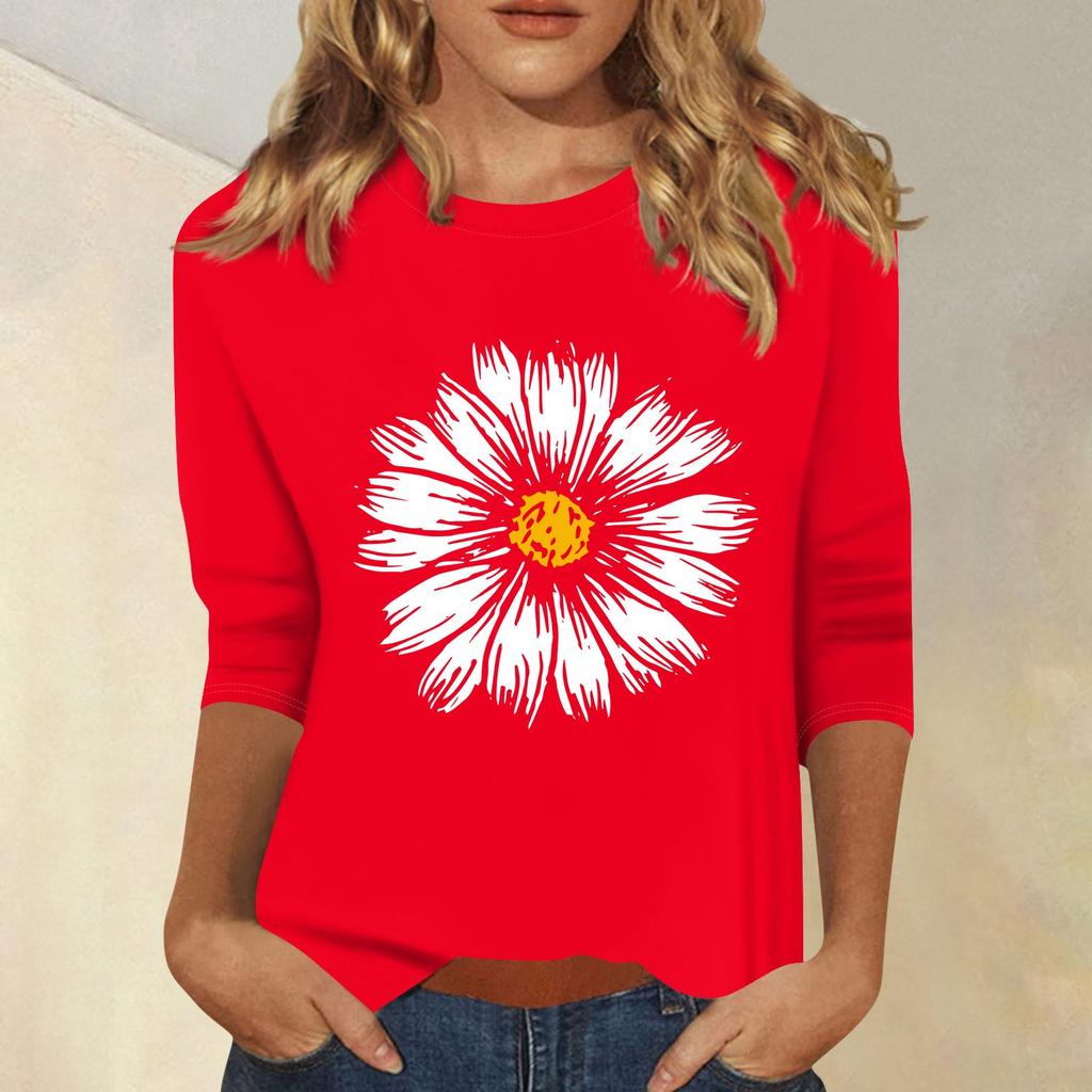 Женская мода повседневный принтованный топ с семью рукавами и круглым вырезом