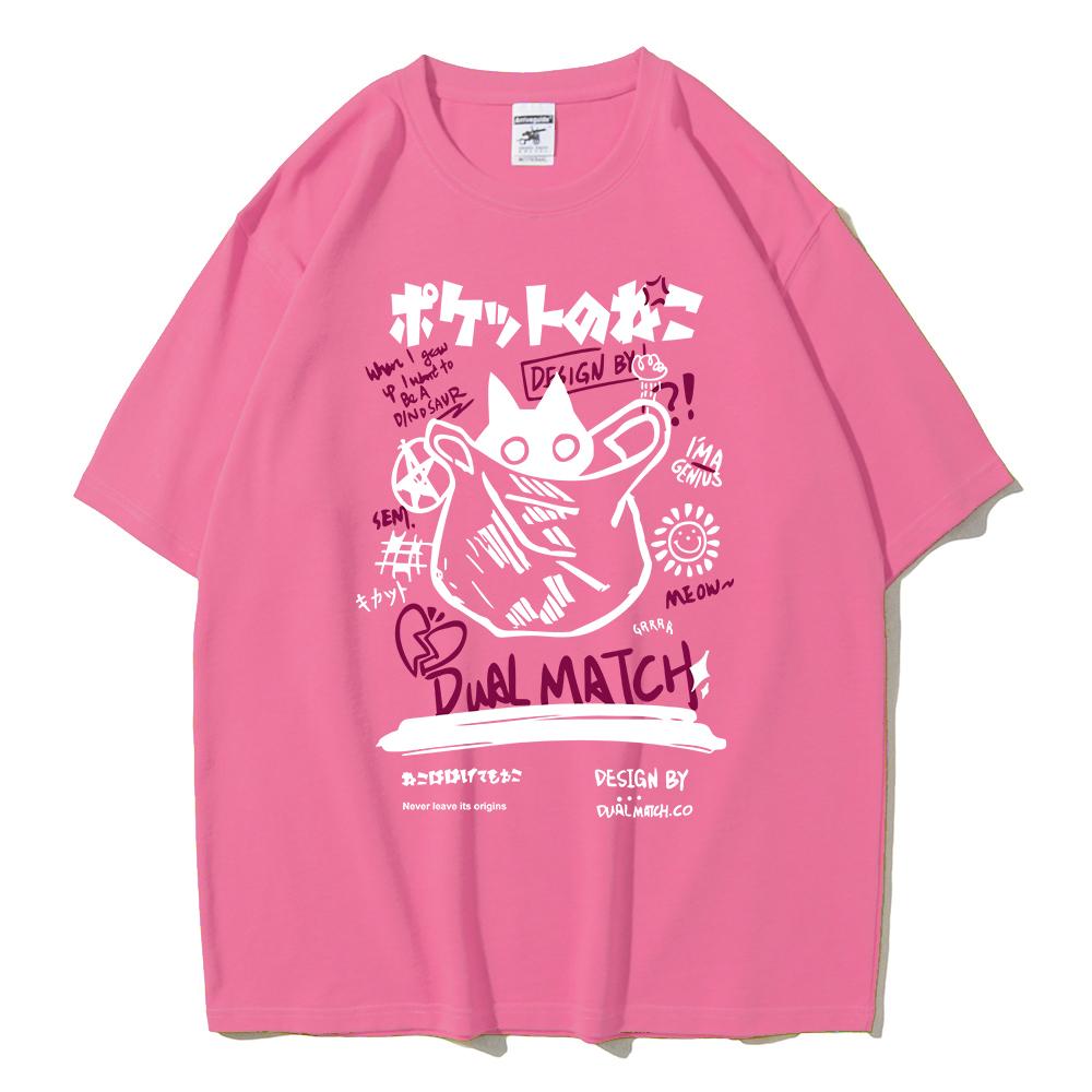 Мужские и женские футболки с героями мультфильмов, лето 2024, Harajuku Kawaii, футболки с короткими рукавами с принтом кота, уличная одежда для пар, свободная одежда, топы Y2K