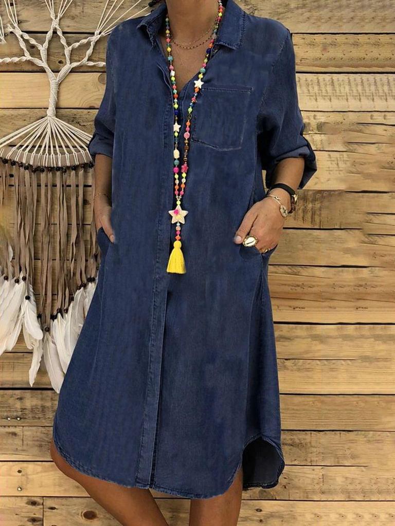 2023 Women's Large Size Solid Color Denim Dress - Casual Style