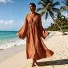 2026 Fall Winter Womens Loose V-Neck Long Sleeve Maxi Dress Vacation Style Solid Color Flowy Swing
