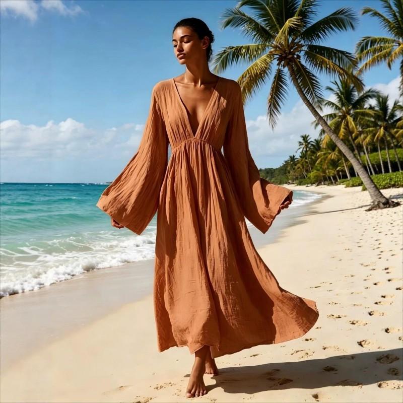 2026 Fall Winter Womens Loose V-Neck Long Sleeve Maxi Dress Vacation Style Solid Color Flowy Swing