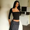 Womens Early Fall Slim Fit T-Shirt Low Neck Solid Color Casual Top Commute Streetwear