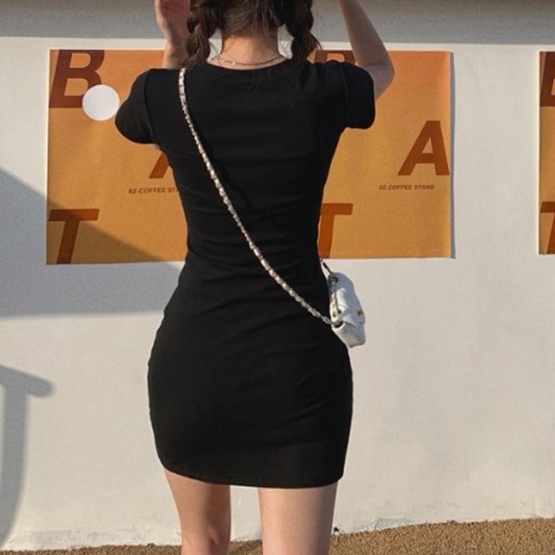 Летнее платье с коротким рукавом и U-образным вырезом для женщин, новое модное элегантное повседневное облегающее платье с высокой талией, женское однотонное простое короткое платье для вечеринки 3595