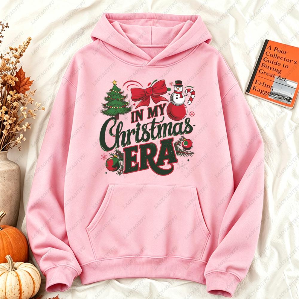 In My Christmas Era Retro Slogan Graphic Hoodie Women Casual Long Sleeve Pullover Vintage Xmas Tree Snowman Holiday Gift Top