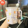 Керамическая кружка Ins Style для девочек в форме сердца с крышкой, ложка, милая соломенная чашка для воды, кофейная чашка, чашка для завтрака, молока, овсянки