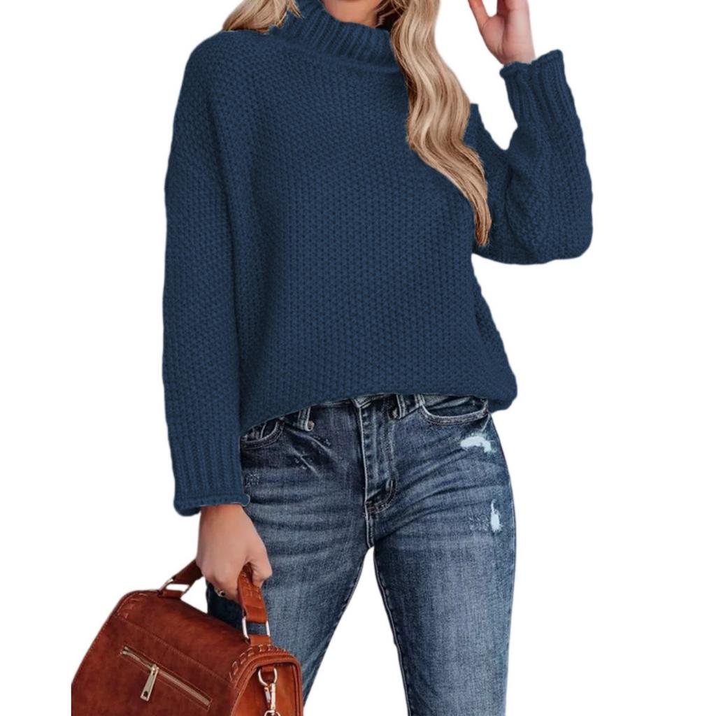 Модный женский вязаный свитер с высоким воротником, длинными рукавами и подвернутым краем
