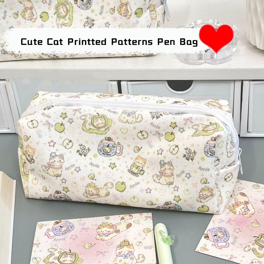 Canvas Pen Bag Cat Printted Patterns Stationery Bag Multi-Purpose Pencil Box School Office
