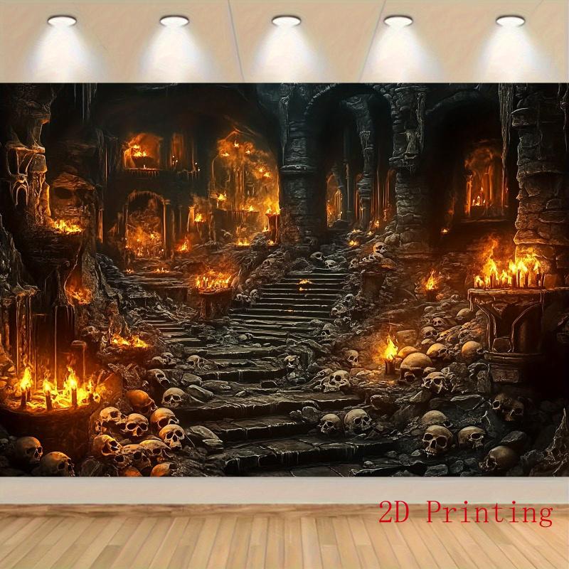 1 piece of 2D flat party banner with a gothic castle background - large skull and flame-themed gothic castle.PMJ