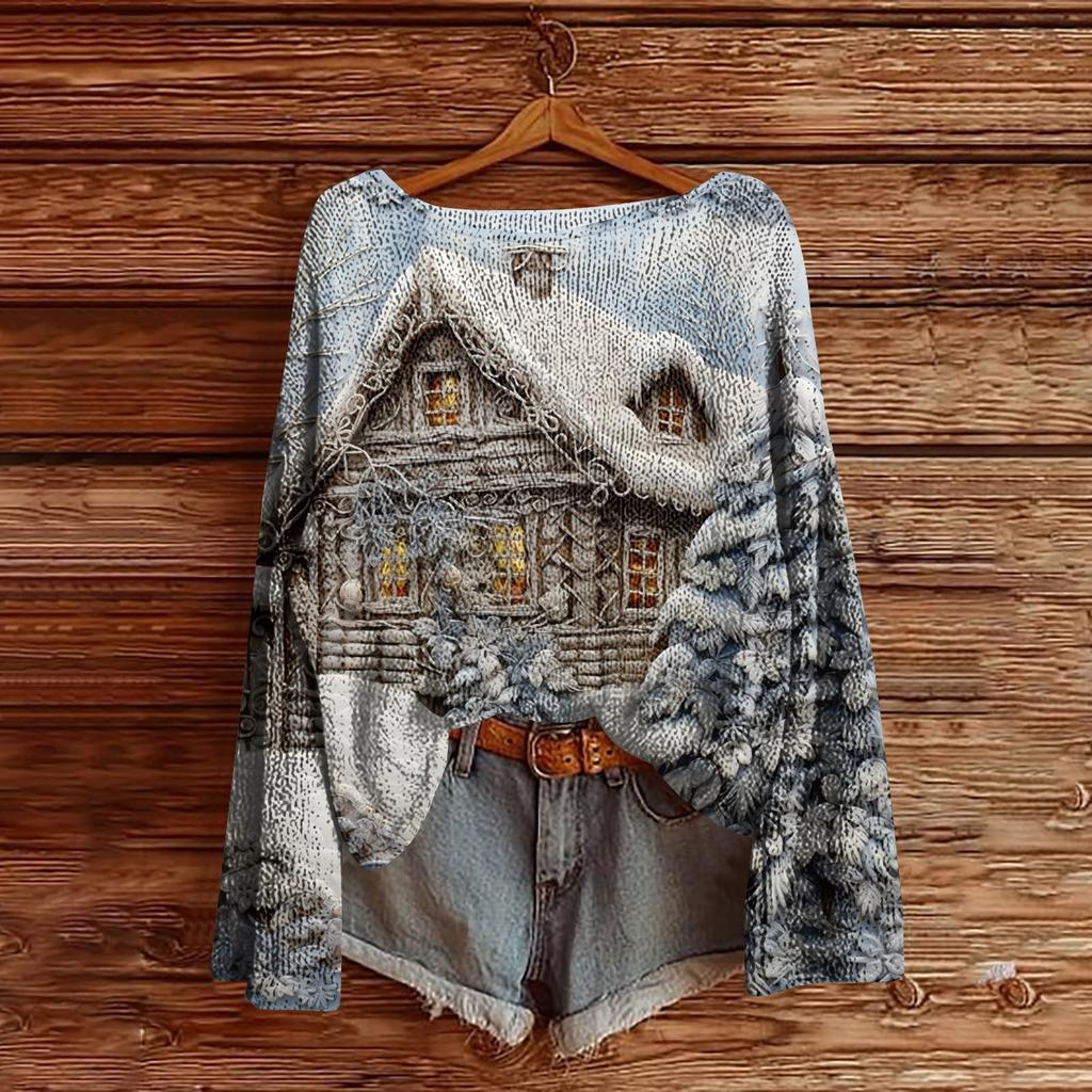 Women's Christmas Print Lightweight Sweater Casual Long Sleeve Knitted Pullover