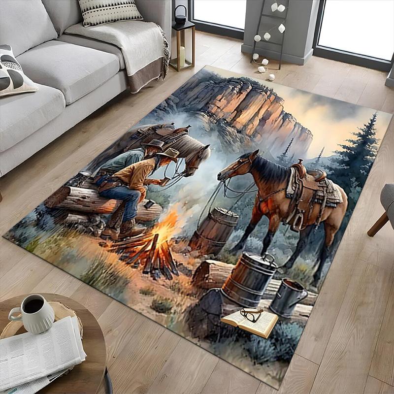 1PC Cowboys Campfire Non-Slip Floor Carpet Compatible for Office&Living Room&Bedroom&Dining room - Flat- Soft & Pattern, Vibrant Colors-W243