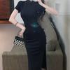 Summer Retro Buttoned Cheongsam Black Dress with Waist Slit