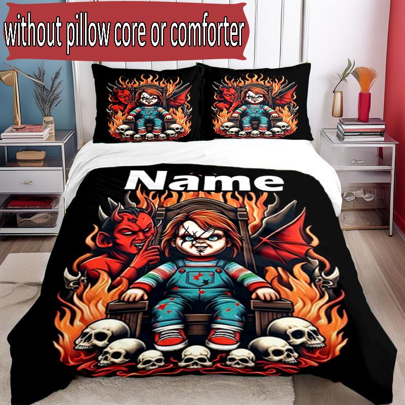 3pcs Duvet Cover Set (1*Duvet Cover + 2*Pillowcase, Without Core), Custom Name Bride of Chucky Pattern Bedding Set, Home Bedroom Decor Gift