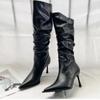Fashion Women's Shoes 2024 High Quality Slip-on Women's Boots Fashion Pleated Office and Career Sexy Pointed Toe Knee-High Boots Zapatos