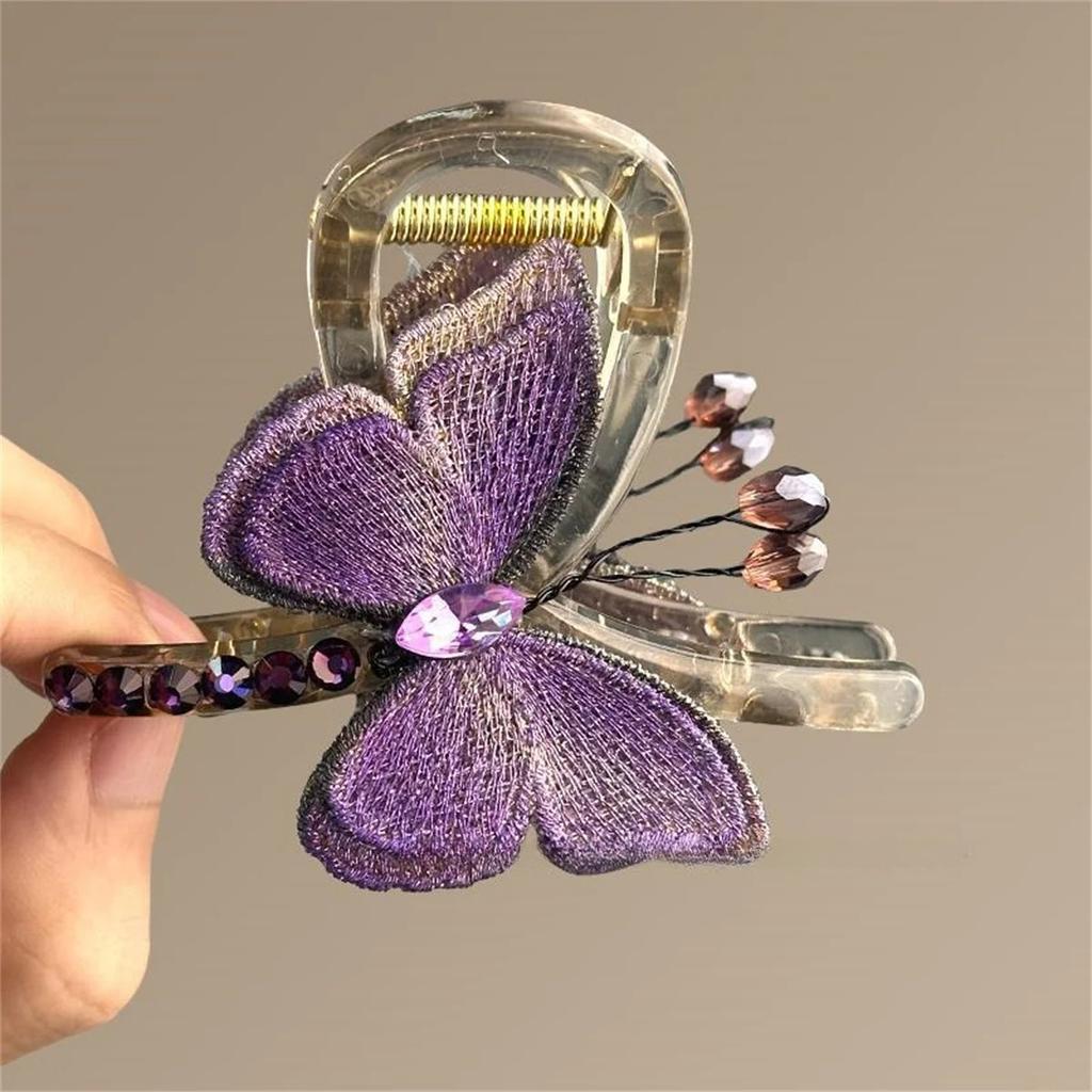 Temperament Retro Embroidered Butterfly Grip Clip Female Medium New Style Back of Head Half Tie Hair Shark Clips Hair Ornament