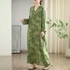 Real Early Autumn New Color Holiday Style Travel V-neck Retro Long Dress Covering Meat Cotton and Linen Dress