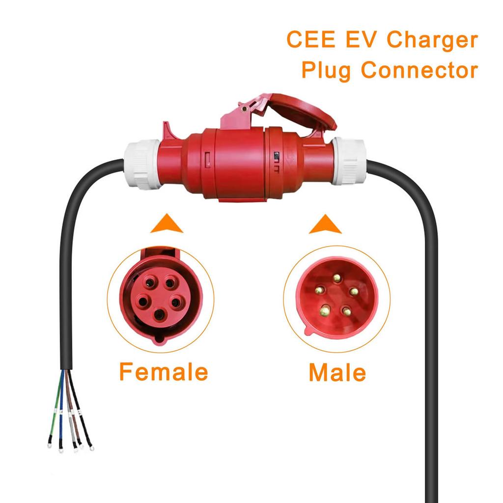 Female 3 Phase 16A 5G 2.5mm² Cable EV Red Charging Adapter For 11KW Car Electric Vehicle Charger