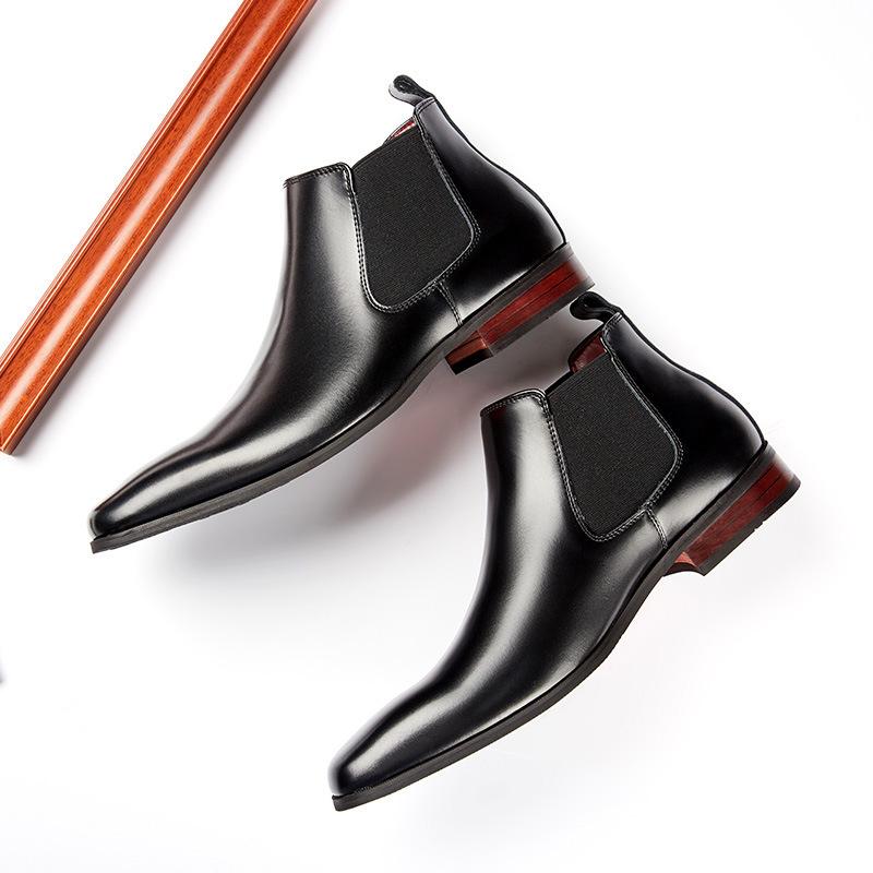 New British Men's Leather Short Boots Fleece-lined Business Formal Wear Square Head High-Top Leather Boots Pairs Elastic
